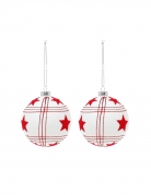 2 boules en verre blanches avec étoiles rouges 8 cm pour sapin