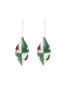 2 boules en verre goutte blanches et vertes 13 cm motif sapin