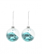 2 boules en verre avec paillettes bleues 8 cm pour sapin de noël