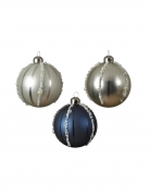 3 boules de Noël en verre bleu marine et argent avec perles 8 cm effet nacré
