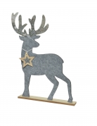Décoration cerf à paillettes argent 40 cm sur socle bois