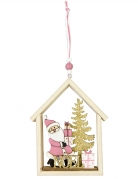 Suspension en bois maison du Père Noël rose 13 x 11 cm à paillettes
