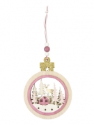 Suspension boule en bois village de Noël rose 11,9 x 9 x 1 cm pour sapin