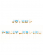 Bougies joyeux anniversaire blanc bleu et paillettes or 4,3 cm sur pic