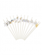 12 pailles licorne pastel et or 19,5 cm pour anniversaire