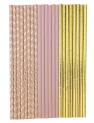 22 pailles en carton rose poudré et or 19,5 cm pour anniversaire