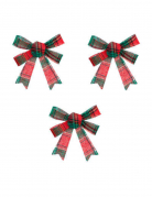 3 nœuds de Noël motif tartan vert et rouge 10 x 12 cm