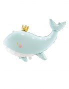 Ballon en aluminium baleine bleu ciel 78 x 50 cm avec couronne dorée
