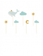 7 cake toppers baleine bleu ciel 11 x 14 cm doré nuage