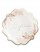 8 assiettes baptême pampas et fleurs de coton 23 cm en carton