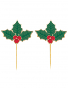 10 pics à cocktail houx de Noël en bois 10 cm