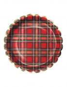 8 assiettes festonnées en carton tartan de Noël 23 cm bordure dorée