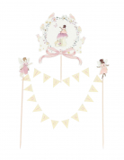 Cake topper guirlande joyeux anniversaire fée avec médaillon 12 cm pastel et fleurs