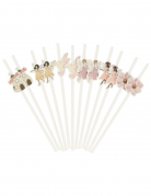 12 pailles fée papier blanc et rose pastel 19,5 cm pour anniversaire enfant