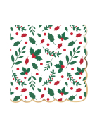 16 serviettes en papier festonnées houx Noël 33 x 33 cm bord doré